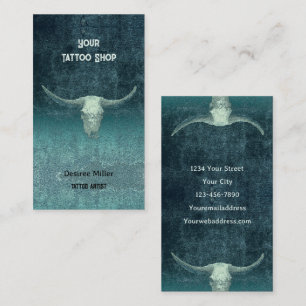 Rodeo Teal Tattoo Shop Rustic Bull Skull Business Card