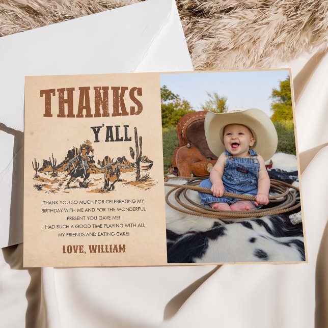 Rodeo Western Cowboy Birthday Photo Thank You Card (Creator Uploaded)