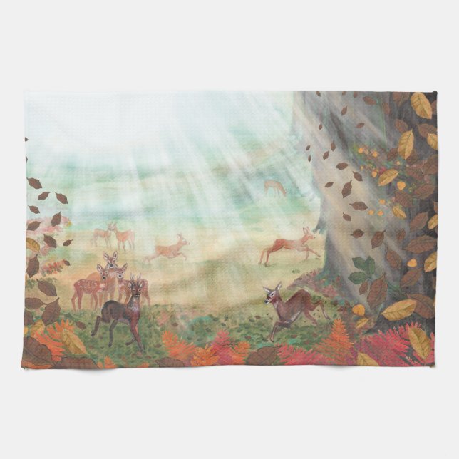 Roe Deer Capreolus capreolus in Forest Sunlight  Tea Towel (Horizontal)