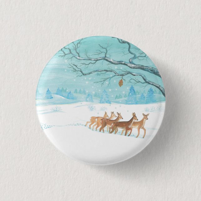 Roe Deer in the Winter Woodland Covered of Snow   3 Cm Round Badge (Front)