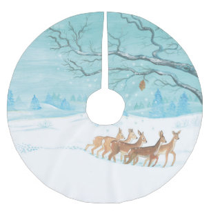 Roe Deer in the Winter Woodland Covered of Snow  Brushed Polyester Tree Skirt