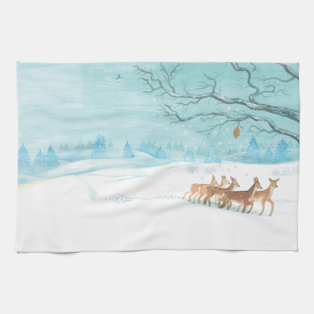 Roe Deer in the Winter Woodland Covered of Snow  Tea Towel (Horizontal)