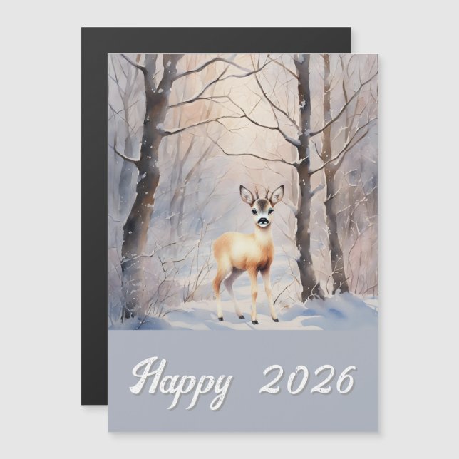 roe deer in winter - Happy 2026   magnetic card (Front/Back)