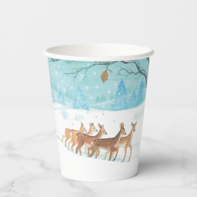 Roe Deer winter snowy forest landscape   Paper Cups (Back)