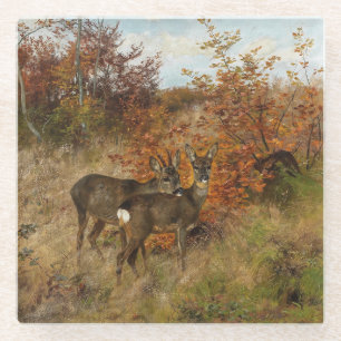 Roe Deer with Autumn Leaves Vintage Wildlife Glass Coaster