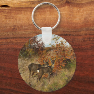 Roe Deer with Autumn Leaves Vintage Wildlife Key Ring