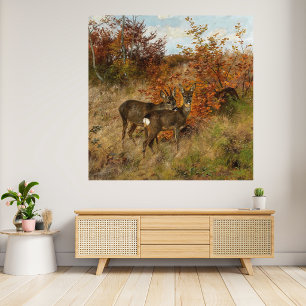 Roe Deer with Autumn Leaves Vintage Wildlife Poster