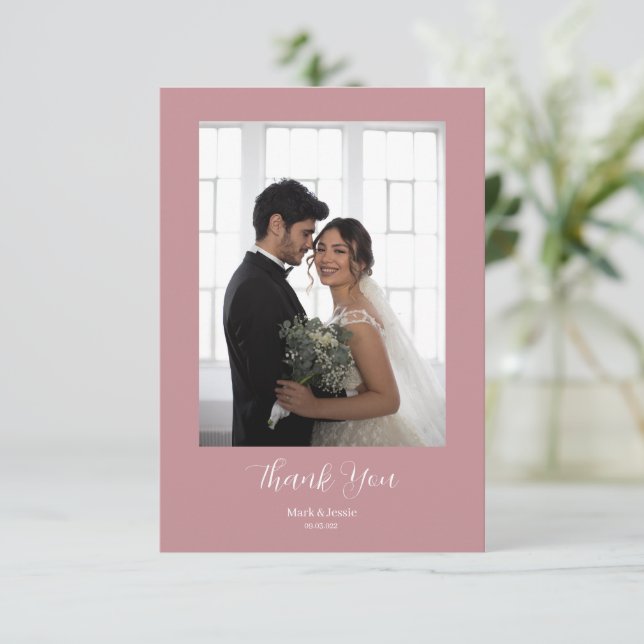 ROE Pink & White Simple Photo Wedding Thank You Card (Standing Front)