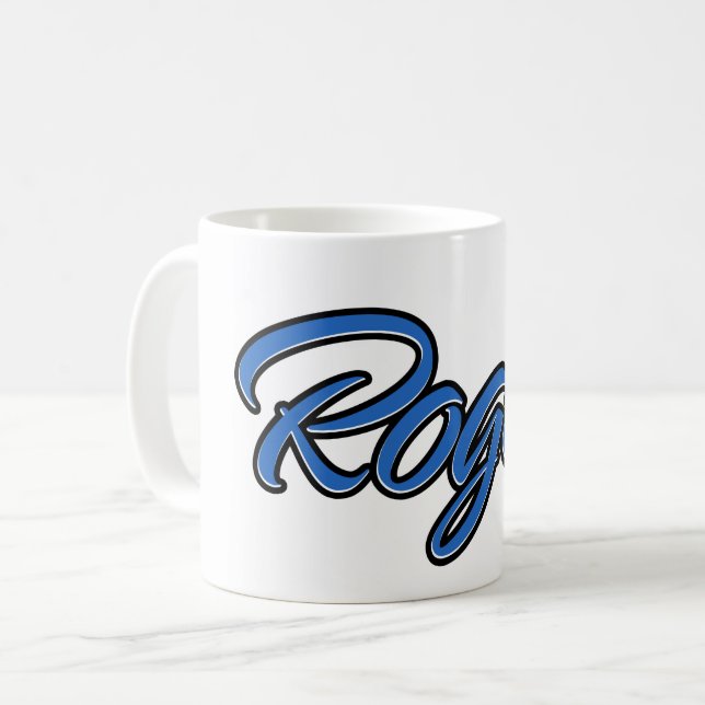 Roger first name name: blue cup coffee cup (Front Left)