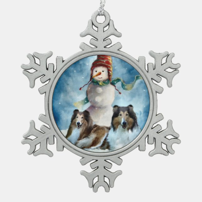 Rogh Collie with Snowman Christmas Snowflake Pewter Christmas Ornament (Front)
