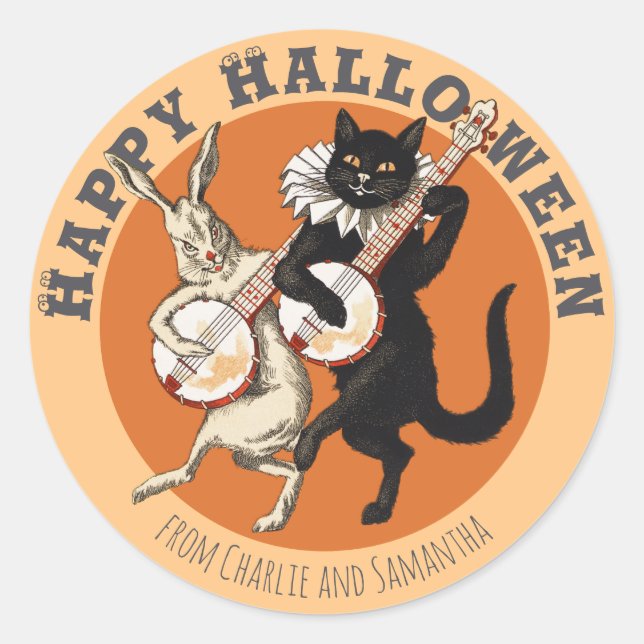 Roguish black cat and rabbit CC1052 Halloween Classic Round Sticker (Front)
