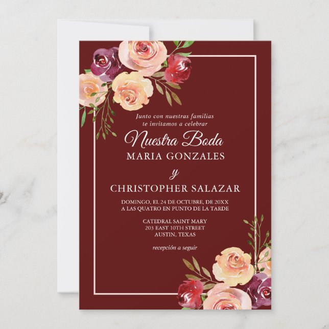 Roja Oro Flores Boda Elegante Español Wedding Invitation (Front)