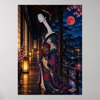 Rokurokubi Japanese Yokai Art – Glowing Eyes Geish Poster