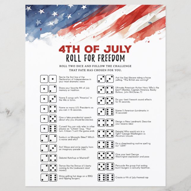 Roll for Freedom 4th of July Party Game (Front)