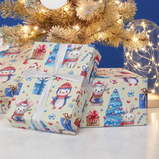 Roll, Name Holiday Animals Red-Blue Whimsy Pattern Wrapping Paper (Holidays)
