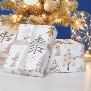 Roll, Name, Whimsical Illustrated Winter Trees  Wrapping Paper