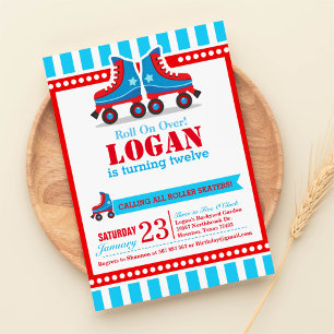 Roll on over! Blue Roller Skate Sport Birthday Invitation