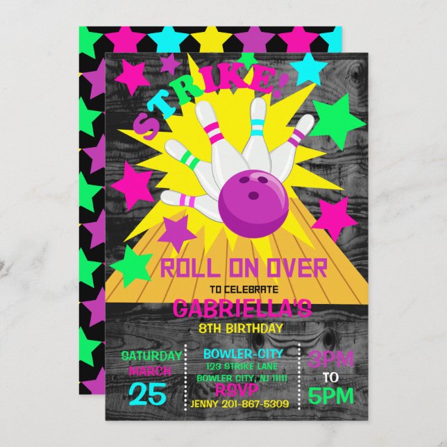 Roll On Over... STRIKE Bowling Birthday Party Invitation (Front/Back)