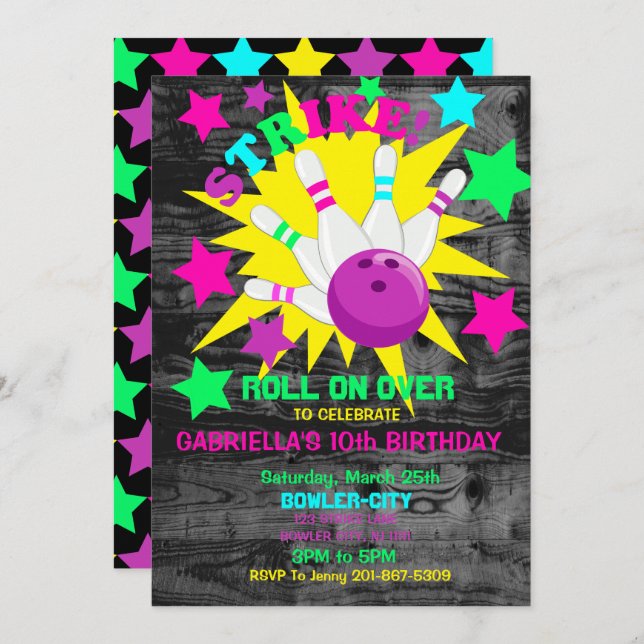 Roll On Over... STRIKE Bowling Birthday Party Invitation (Front/Back)