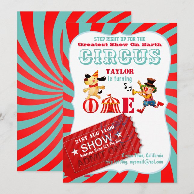 ROLL UP CIRCUS 1st Birthday Boy Girl Greatest Show Invitation (Front/Back)
