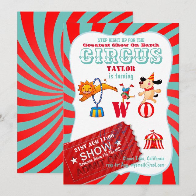 ROLL UP CIRCUS 2nd Birthday Boy Girl Greatest Show Invitation (Front/Back)
