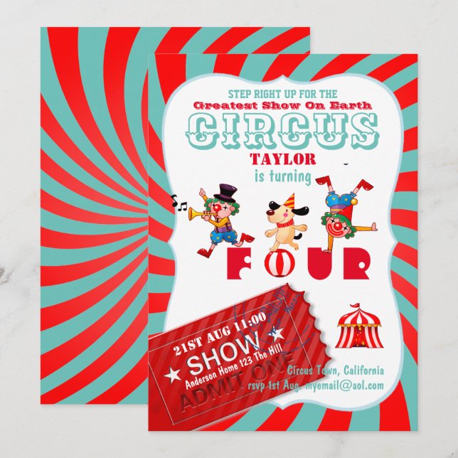 ROLL UP CIRCUS 4th Birthday Boy Girl Greatest Show Invitation (Front/Back)