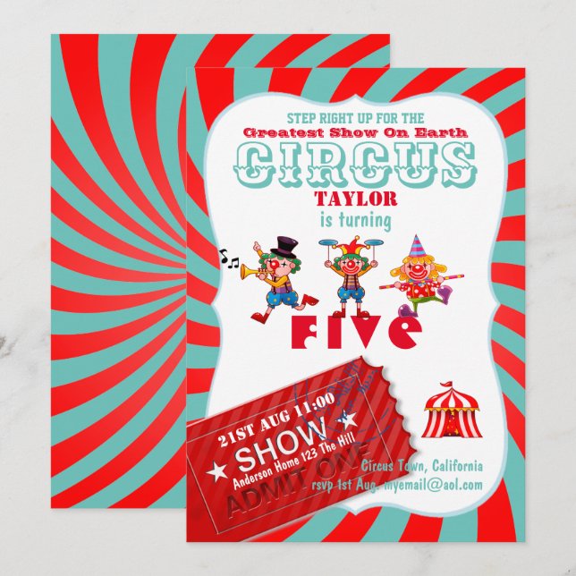 ROLL UP CIRCUS 5th Birthday Boy Girl Greatest Show Invitation (Front/Back)