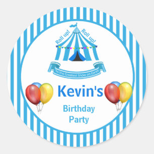 Roll up! Roll up! Circus Birthday Party Blue Classic Round Sticker