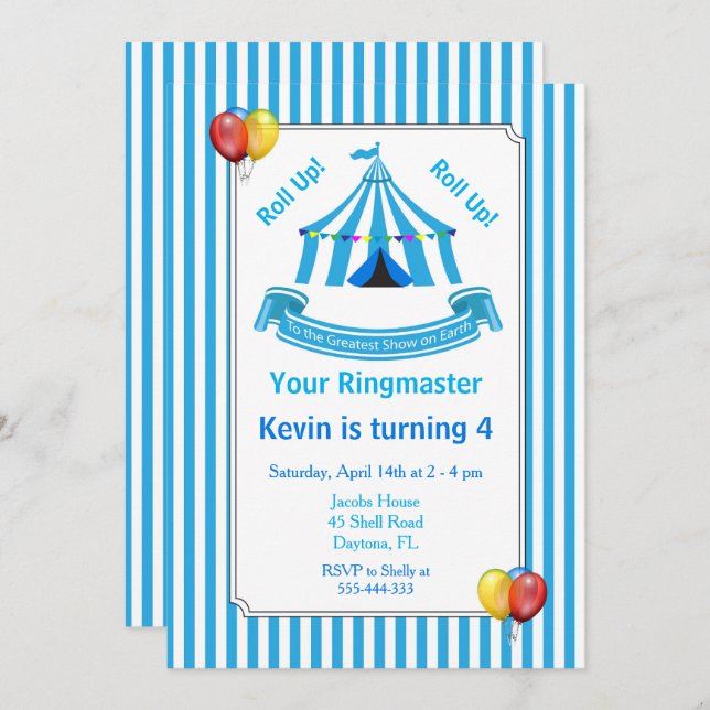 Roll up! Roll up! Circus Birthday Party Blue Invitation (Front/Back)