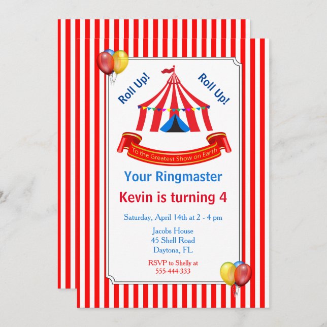 Roll up! Roll up! Circus Birthday Party in Red Invitation (Front/Back)