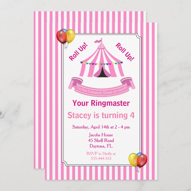 Roll up! Roll up! Circus Birthday Party Pink Invitation (Front/Back)