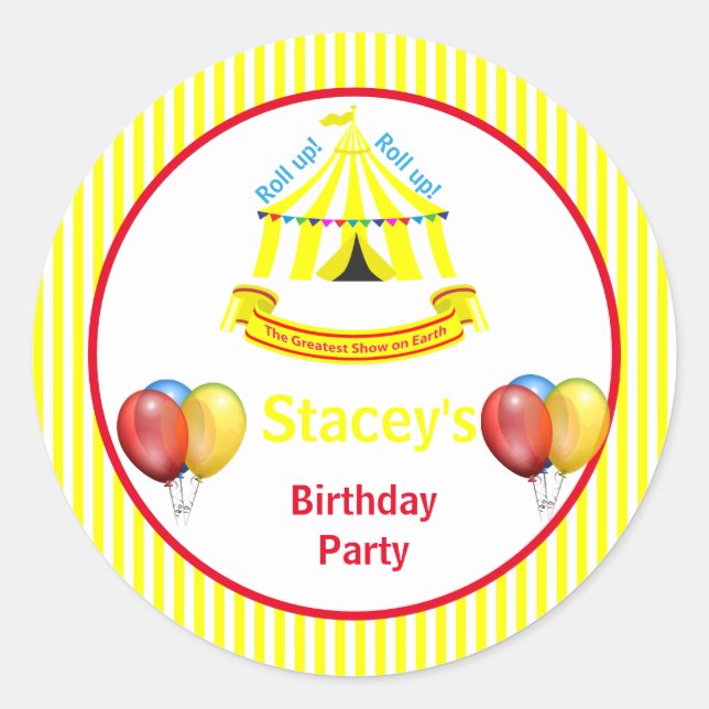 Roll up! Roll up! Circus Birthday Party Yellow Classic Round Sticker (Front)