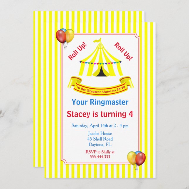 Roll up! Roll up! Circus Birthday Party Yellow Invitation (Front/Back)