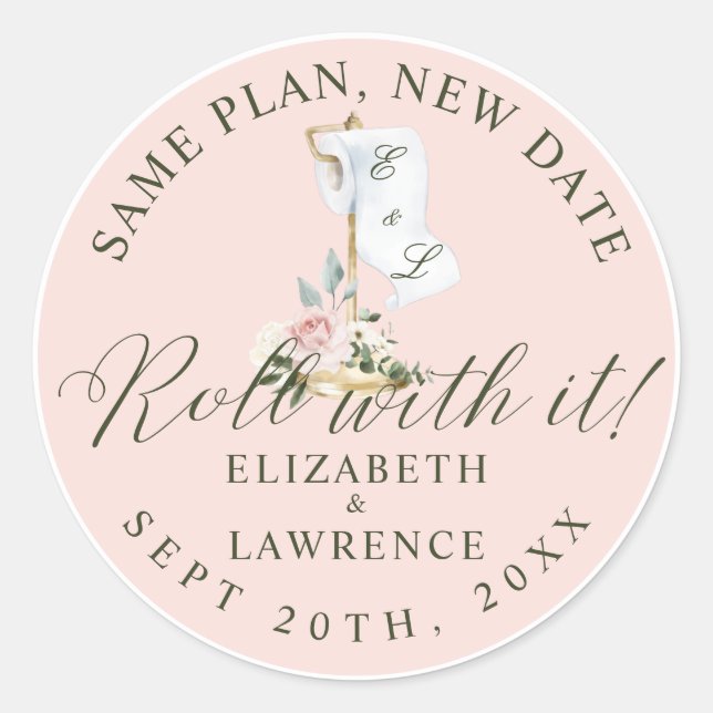 Roll With It Blush Florals & Toilet Paper Pink Classic Round Sticker (Front)