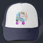 ROLL WITH IT | Vintage Rollers Skate Trucker Hat<br><div class="desc">Fun design for 80's lovers or roller skaters featuring a retro illustration of a roller skate in blue with pink and a faux gold glitter thunder bolt designed on it. The typography text says "ROLL WITH IT" in fun hand written fonts. Inspirational and funny quote.</div>
