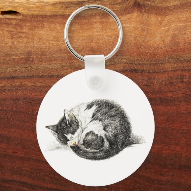 Rolled up lying sleeping cat (1825) key ring (Front)