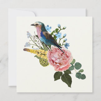 Roller bird and brown garden, tropical flowers.  invitation