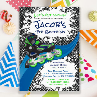 Roller Blade Grunge Green Birthday Party Invitation