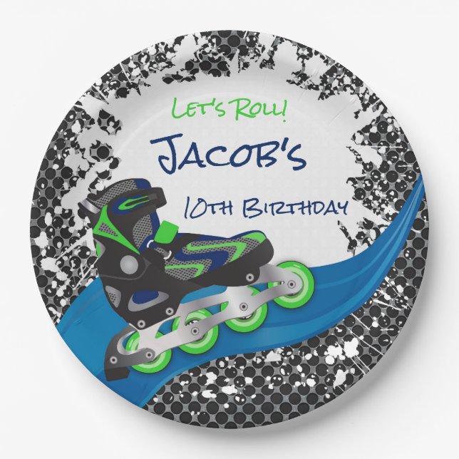 Roller Blade Grunge Green Birthday Party Paper Plate (Front)