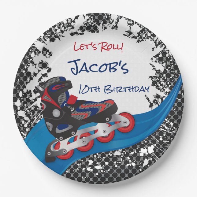 Roller Blade Grunge Red Birthday Party Paper Plate (Front)