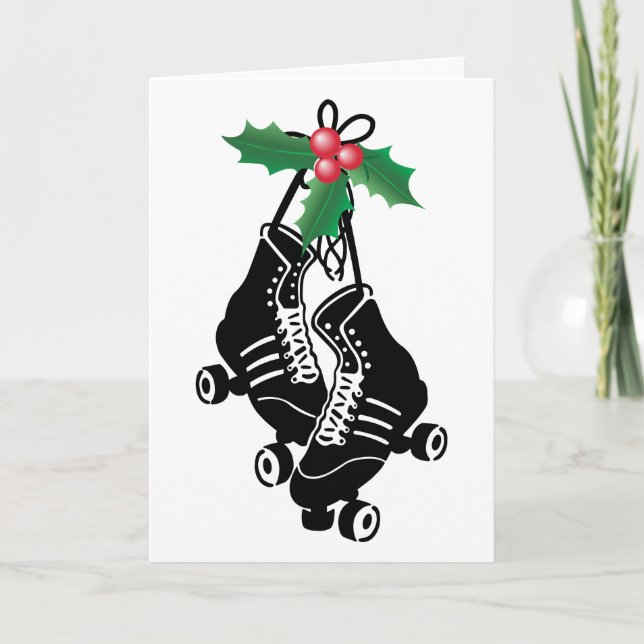 Roller Derby Girl, Christmas Skating with Holly Holiday Card (Front)