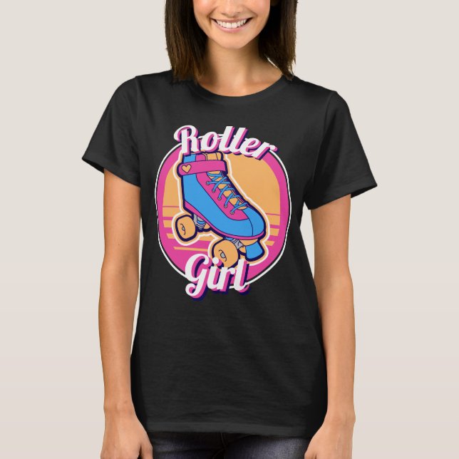 Roller Girl Pink Blue 80s Summer Roller Skate T-Shirt (Front)