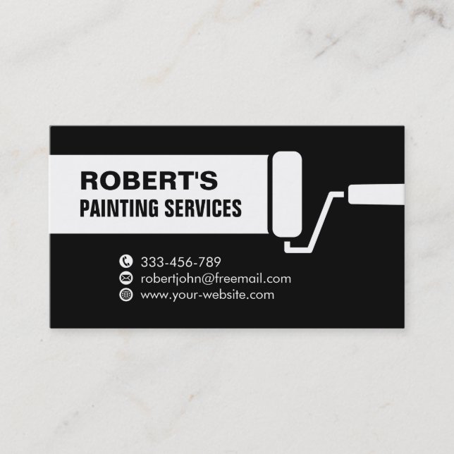 Roller Paint Brush Painting Services Black Business Card (Front)