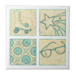 Roller Rink Woodblock Drawing by Chariklia Zarris Tile<br><div class="desc">Four woodblock drawings make up this cool piece by Chariklia Zarris. A roller skate,  shooting star,  glasses and extra wheels are the subjects of her work. A great piece to give as a gift to someone who loves roller skating or remembers roller rinks. Buy your copy now!</div>