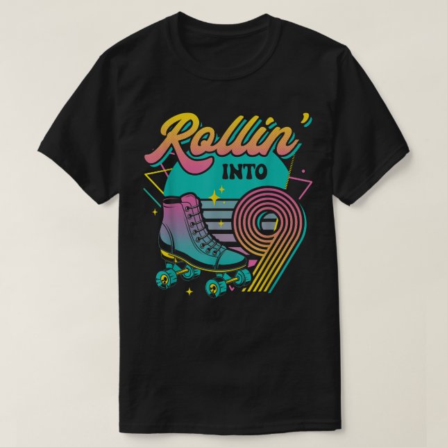 Roller Skate 9th Birthday Party Rolling into 9 Ret T-Shirt (Design Front)
