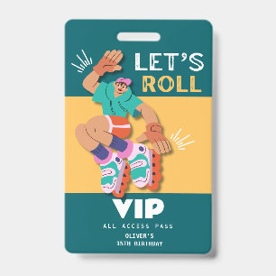 roller skate boy birthday party invitation VIP ID Badge