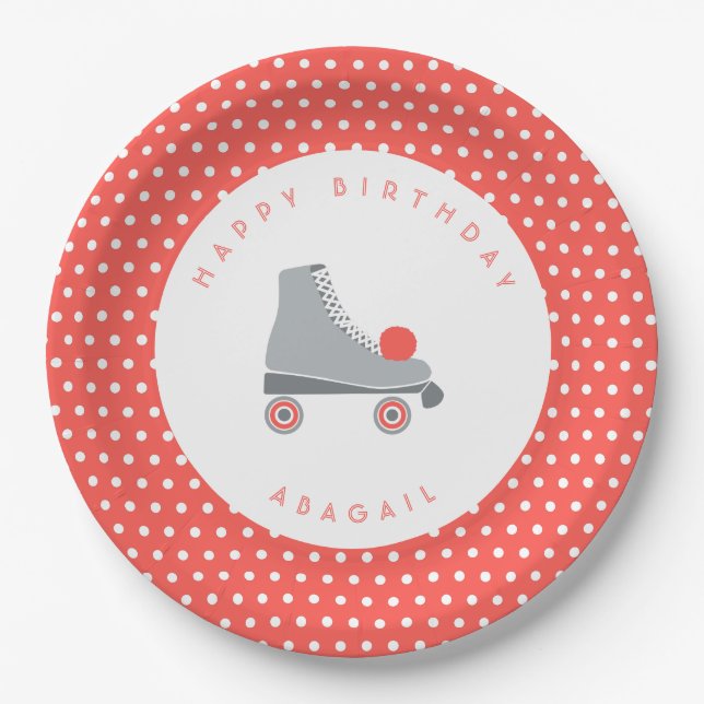 Roller Skate Dot - Coral Paper Plate (Front)