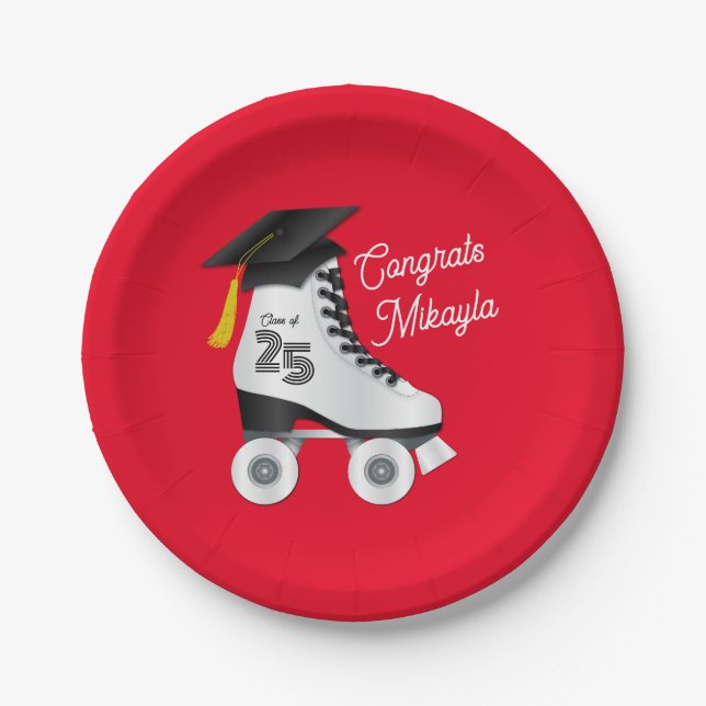 Roller Skate Graduation Party Skating Rink Red Paper Plate (Front)