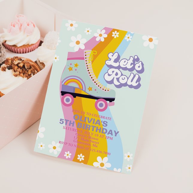 Roller skate groovy Retro Rainbow Birthday Invitation (Creator Uploaded)