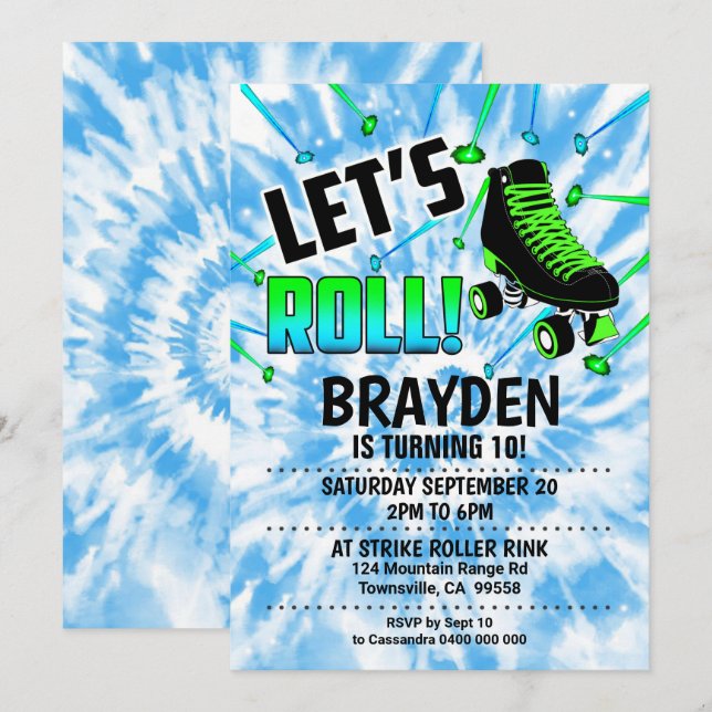 Roller Skate Party Invitation Boy Tie Dye Blue (Front/Back)